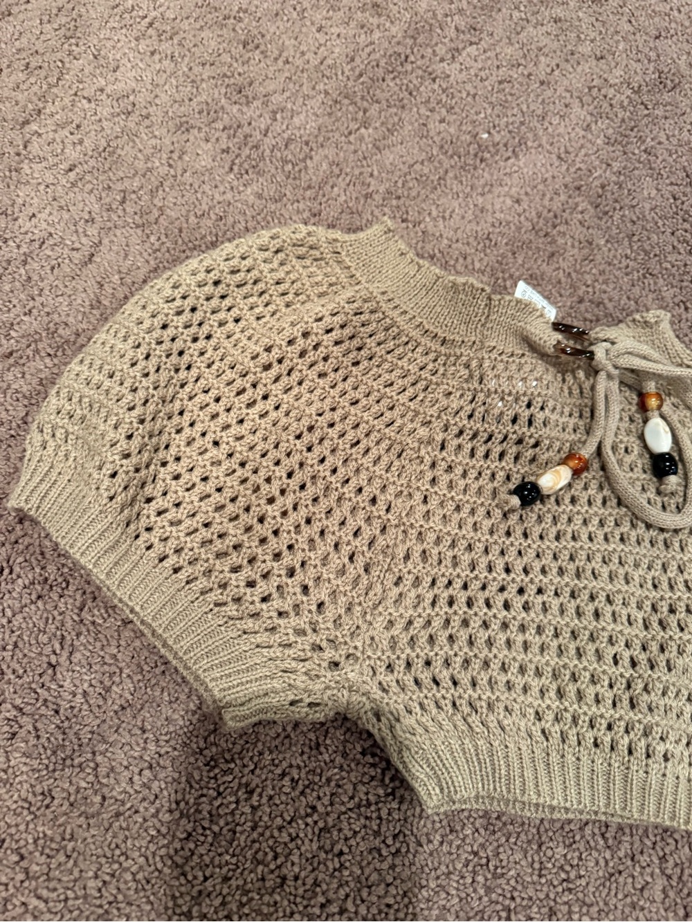Beaded Tie-Neck Open Knit Cropped shorts- Camel